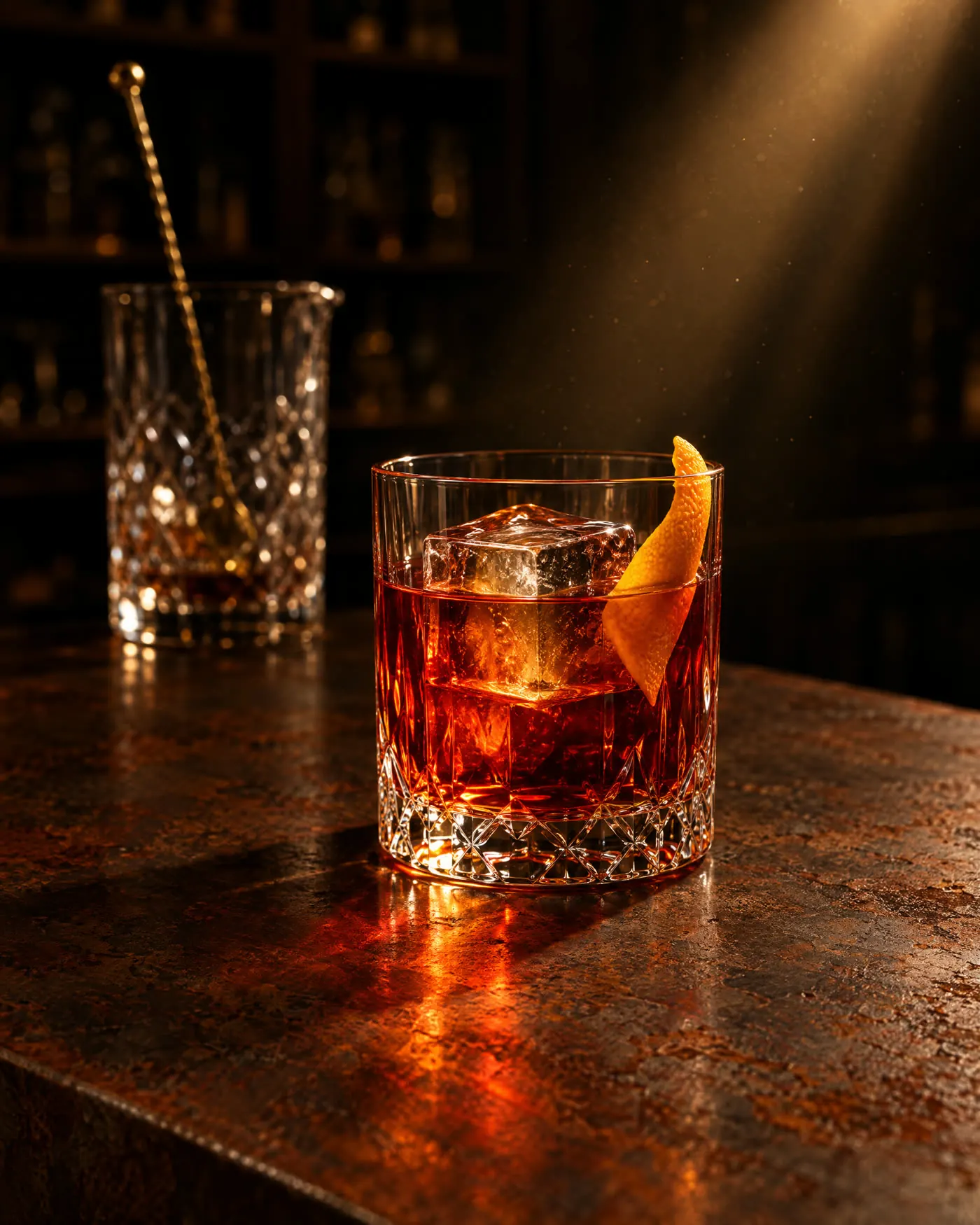 Cocktail ambrato in un tumbler di cristallo con un grande cubo di ghiaccio e scorza d'arancia
