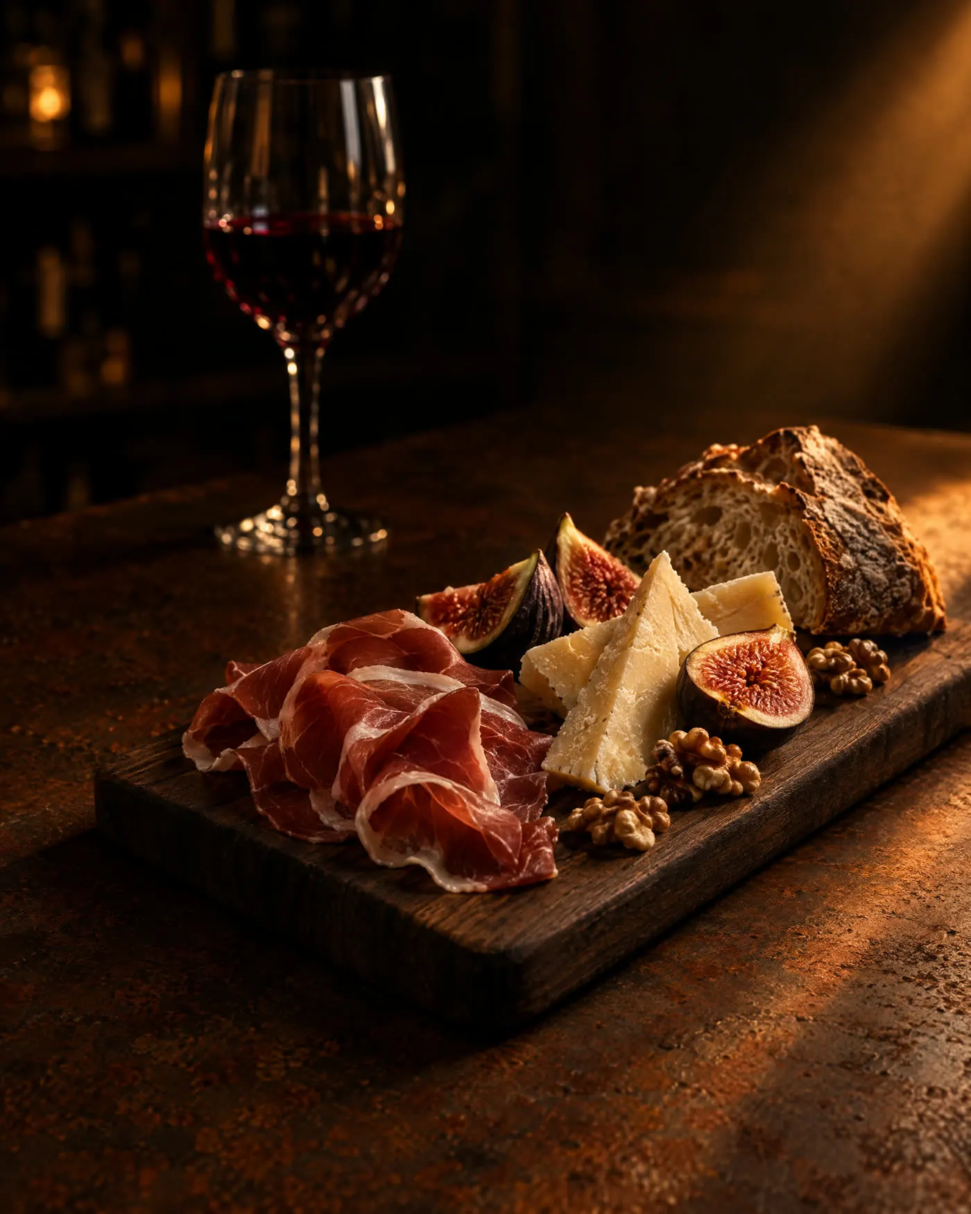 Tagliere di legno scuro con prosciutto, formaggio stagionato, fichi e pane