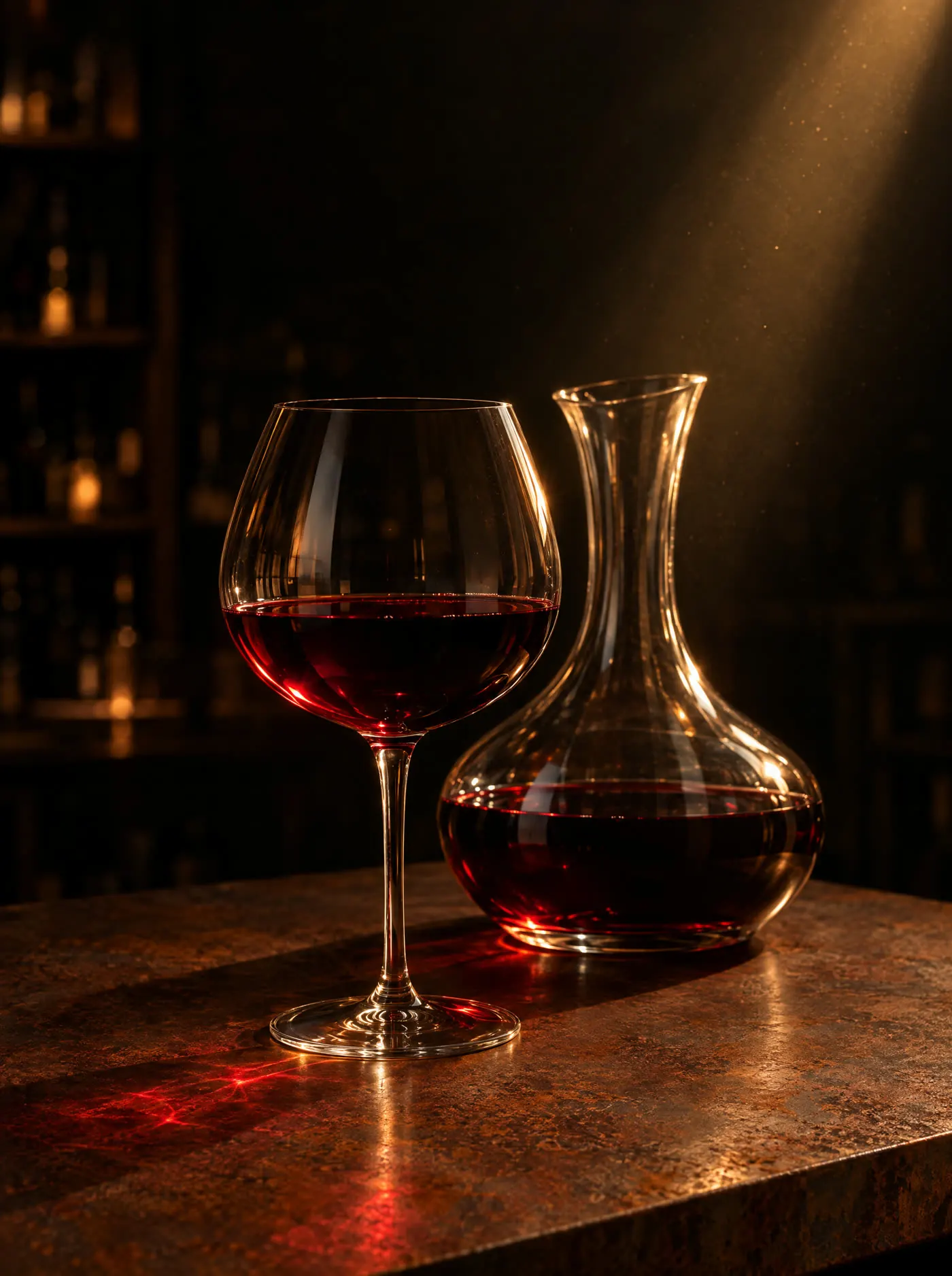 Ampio calice di vino rosso accanto a un decanter